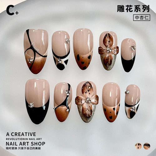 C+落日余晖 美甲穿戴甲美拉德手工绘立体雕花鳄鱼皮棕色原创短甲
