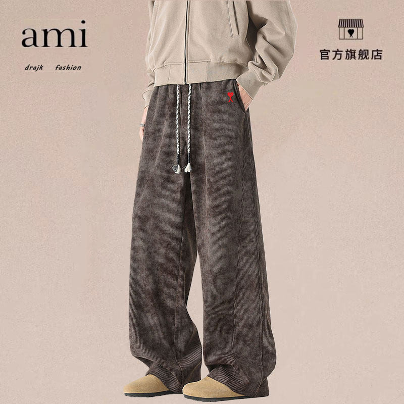 正品AMI DRAJK美式扎染灯芯绒直筒休闲裤男复古宽松潮百搭阔腿裤