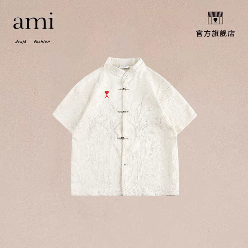 正品AMI DRAJK新中式刺绣短袖衬衫男女中国风复古中山装休闲衬衣
