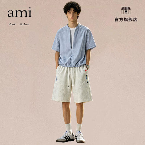 正品AMI DRAJK夏字母印花运动五分裤男复古宽松百搭阔腿休闲短裤