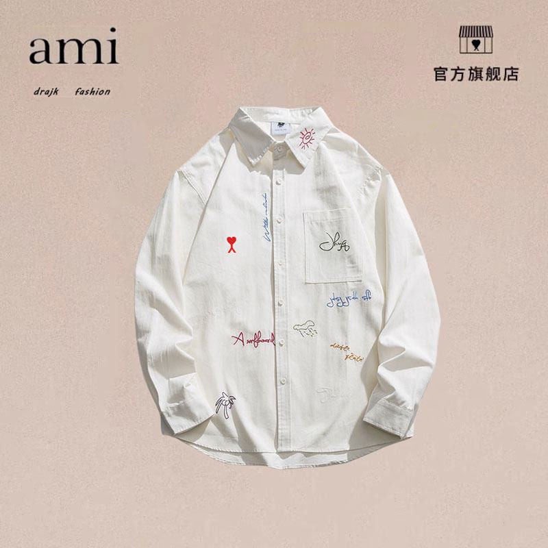 正品AMI DRAJK简约字母刺绣长袖衬衫男复古街头宽松bf风休闲衬衣