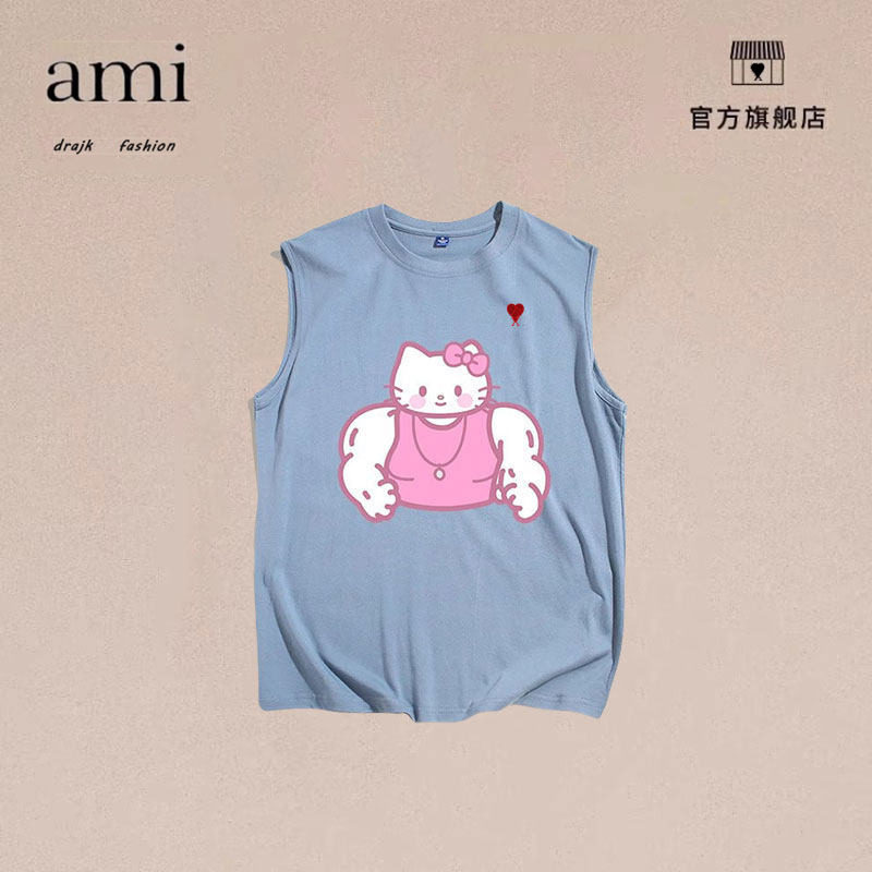 正品AMI DRAJK粉色kitty猫肌肉版创意背心男夏士薄款速干纯坎肩