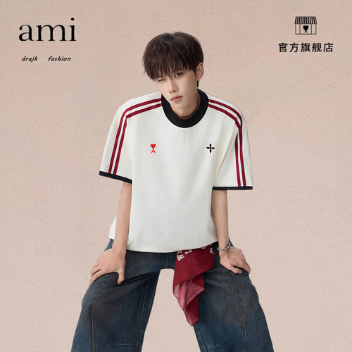 正品AMI DRAJK美式学院风条纹拼接短袖t恤男夏季宽松潮牌休闲半袖