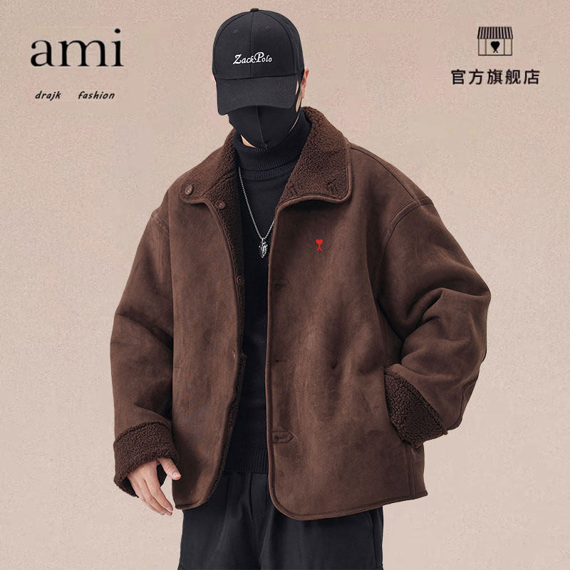 正品AMI DRAJK麂皮绒加厚棉服男秋冬季设计感正反两穿棉衣外套