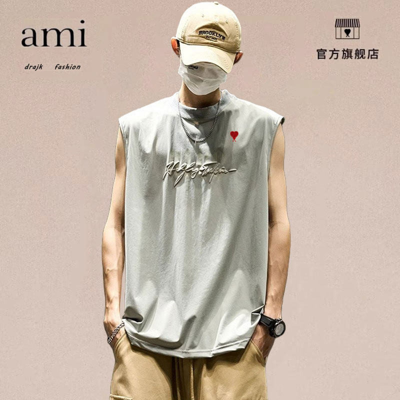 正品AMI DRAJK背心男款夏季百搭超薄运动汗衫日系潮流印花无袖t恤