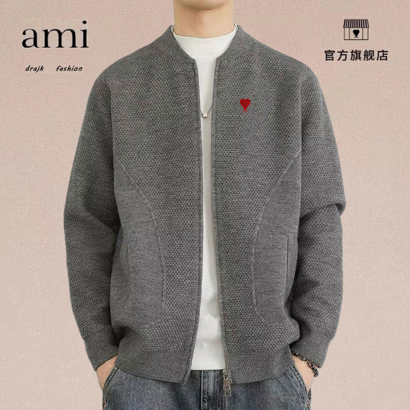 正品AMI DRAJK针织开衫外套男士春秋新款高端棒球领夹克休闲舒适