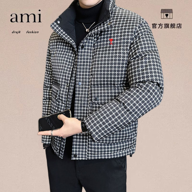 正品AMI DRAJK轻薄羽绒棉服男款冬季新款高级感格子立领保暖加厚