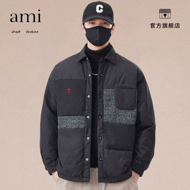 正品AMI DRAJK衬衫领羽绒棉服男秋冬季保暖轻薄潮牌时尚夹克外套