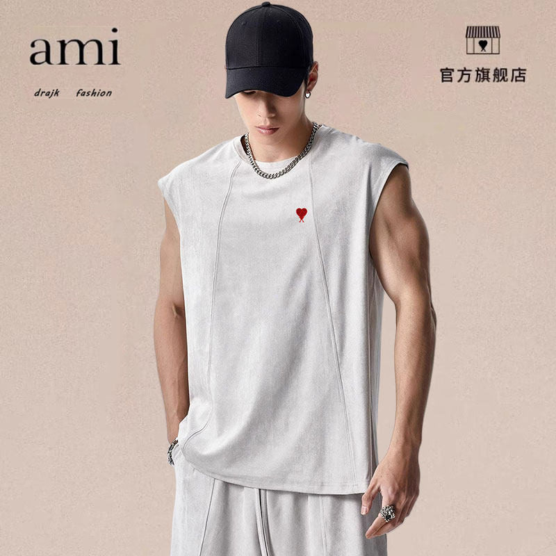 正品AMI DRAJK美式无袖背心男夏季轻薄麂皮绒健身坎肩运动T恤衣服