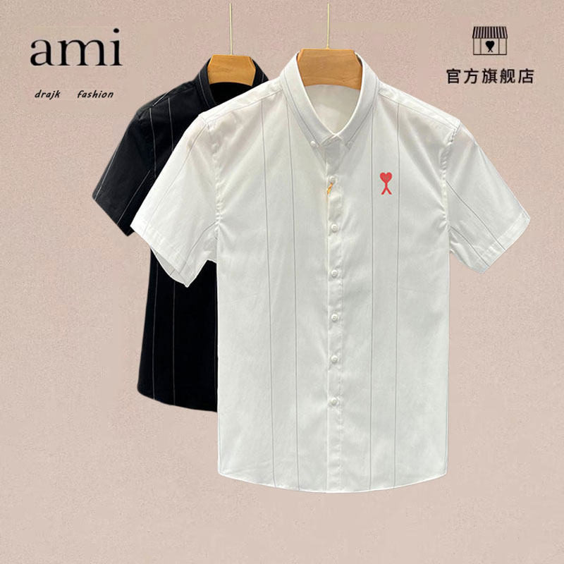 正品AMI DRAJK条纹衬衫男士夏季短袖寸衫商务正装五分袖衬衣修身