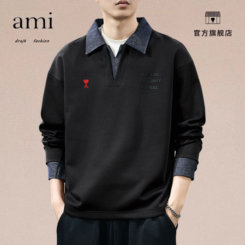 正品AMI DRAJK冬季假两件加绒卫衣男牛仔polo衫冬高级感长袖外套
