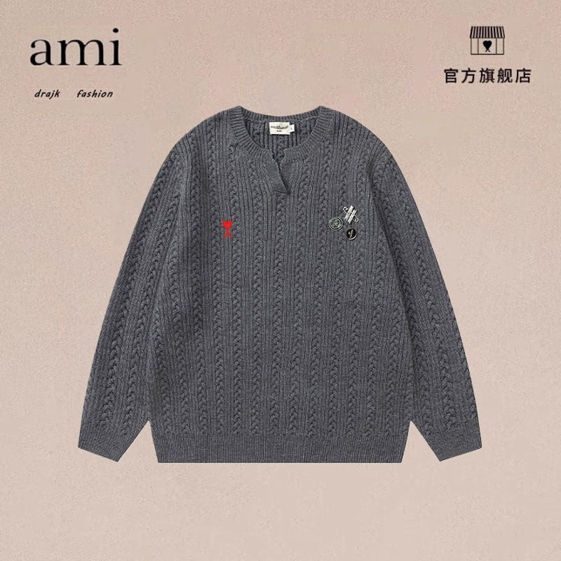 正品AMI DRAJK复古徽章胸针麻花V领毛衣男秋冬慵懒潮牌内搭针织衫