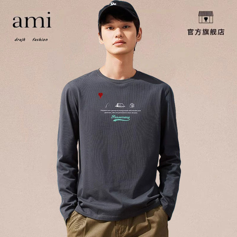 正品AMI DRAJK纯长T恤男士春季宽松圆领打底衫时尚印花长袖内搭
