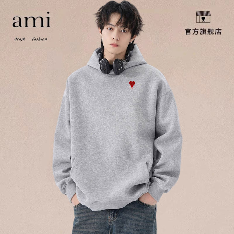 正品AMI DRAJK新款加绒连帽卫衣男女春季宽松纯色灰色情侣帽衫潮