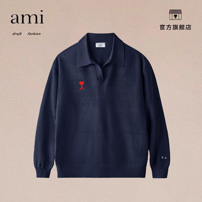 正品AMI DRAJK工装美式休闲海鸥领polo衫针织长袖套头毛衣男春季