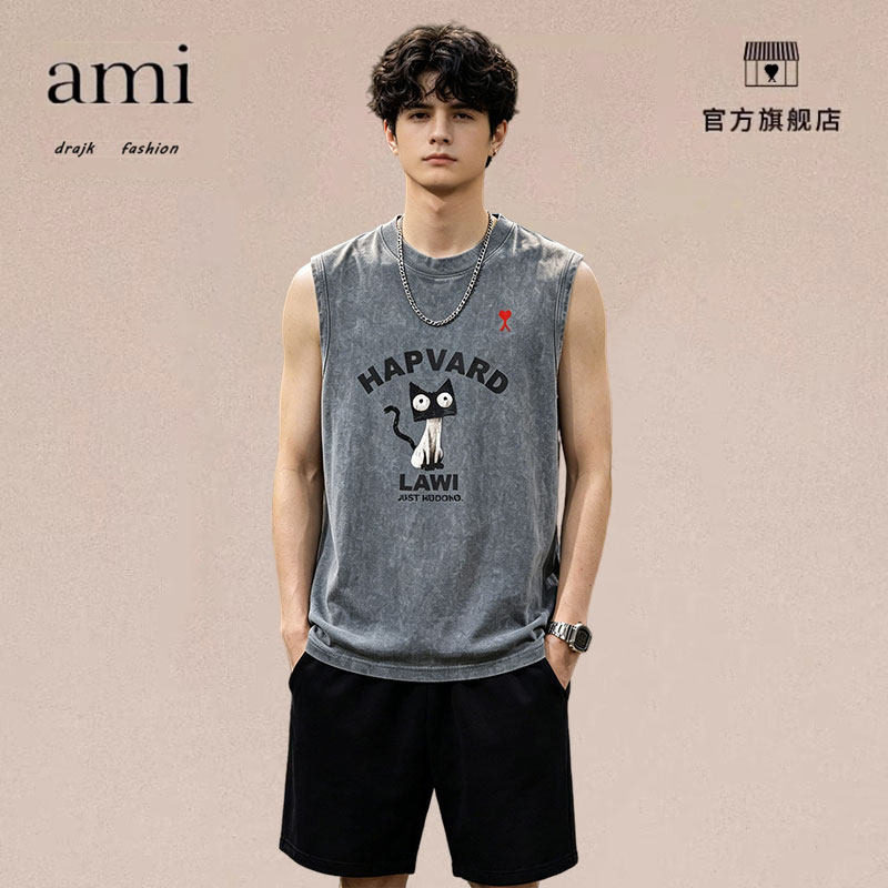 正品AMI DRAJK美式卡通印花水洗背心男无袖t恤夏季坎肩运动汗衫