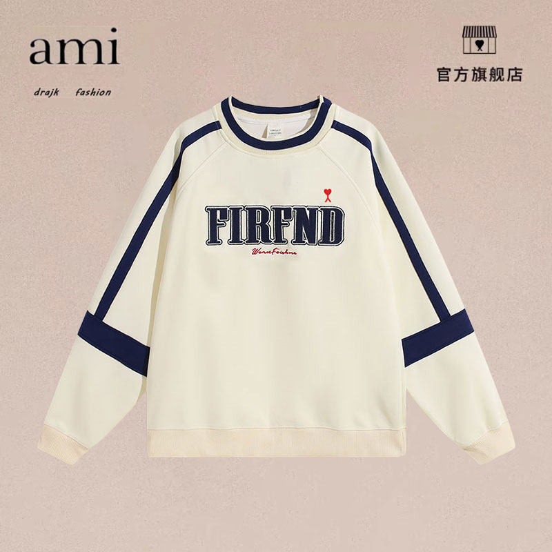 正品AMI DRAJK日系复古撞色字母圆领休闲卫衣男宽松潮牌条纹运动