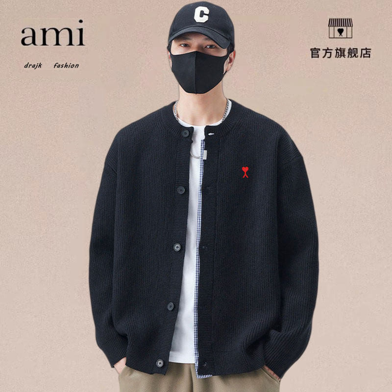 正品AMI DRAJK针织开衫外套男春秋季纯色百搭休闲宽松棒球服夹克