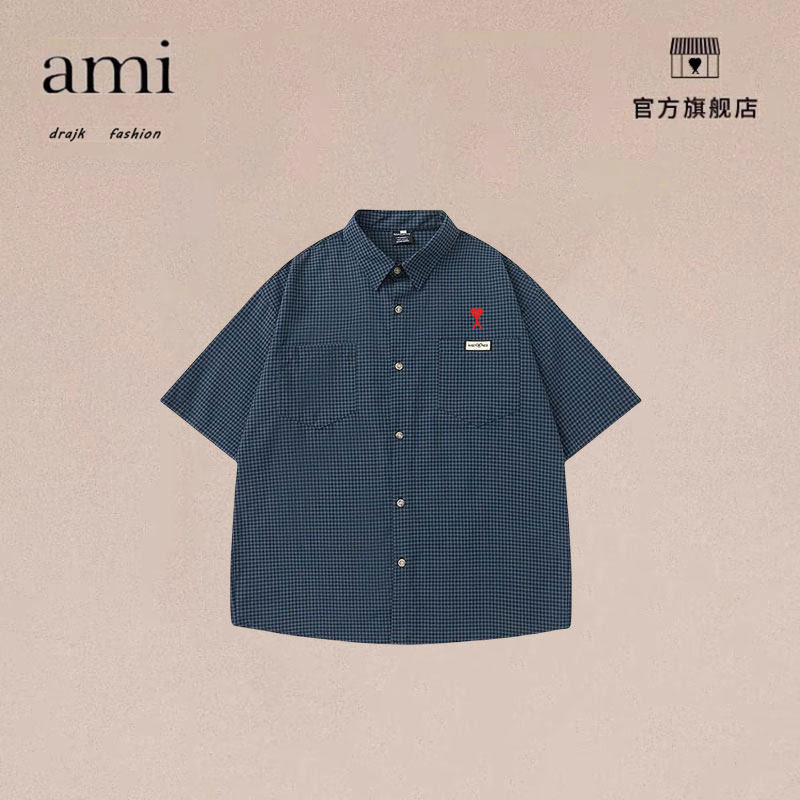 正品AMI DRAJK夏季复古格子短袖衬衫男日系宽松情侣百搭休闲衬衣