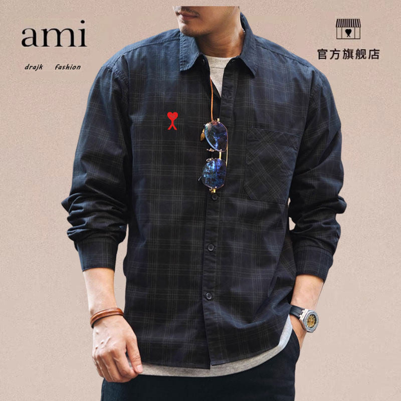 正品AMI DRAJK复古休闲纯格子衬衫男秋季百搭宽松长袖衬衣外套
