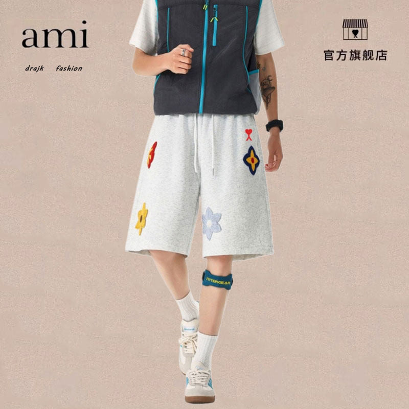正品AMI DRAJK美式花卉刺绣运动短裤男夏外穿沙滩裤潮直筒五分裤