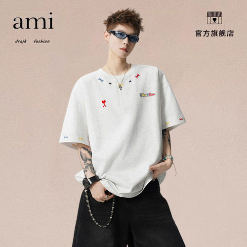 正品AMI DRAJK美式重磅砂洗刺绣短袖t恤男宽松休闲圆领半袖上衣