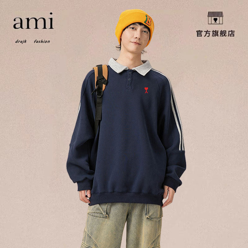 正品AMI DRAJK复古学院风撞色翻领长袖POLO衫男秋季宽松百搭卫衣,男装,短裤,淘宝优惠券,粉丝福利购,淘宝优惠卷