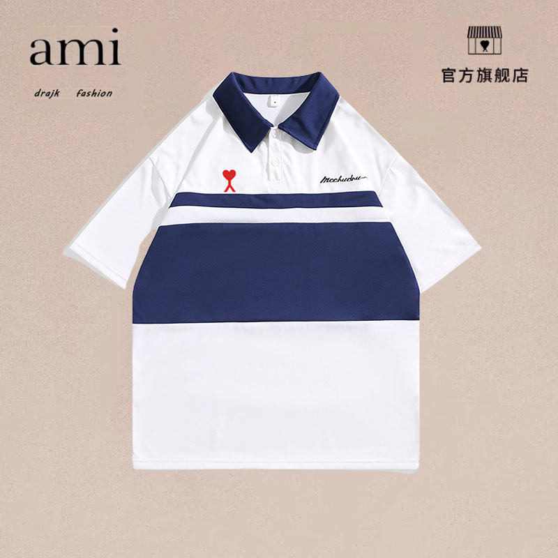 正品AMI DRAJK夏季学院风撞色拼接POLO衫日系青春休闲五分短袖
