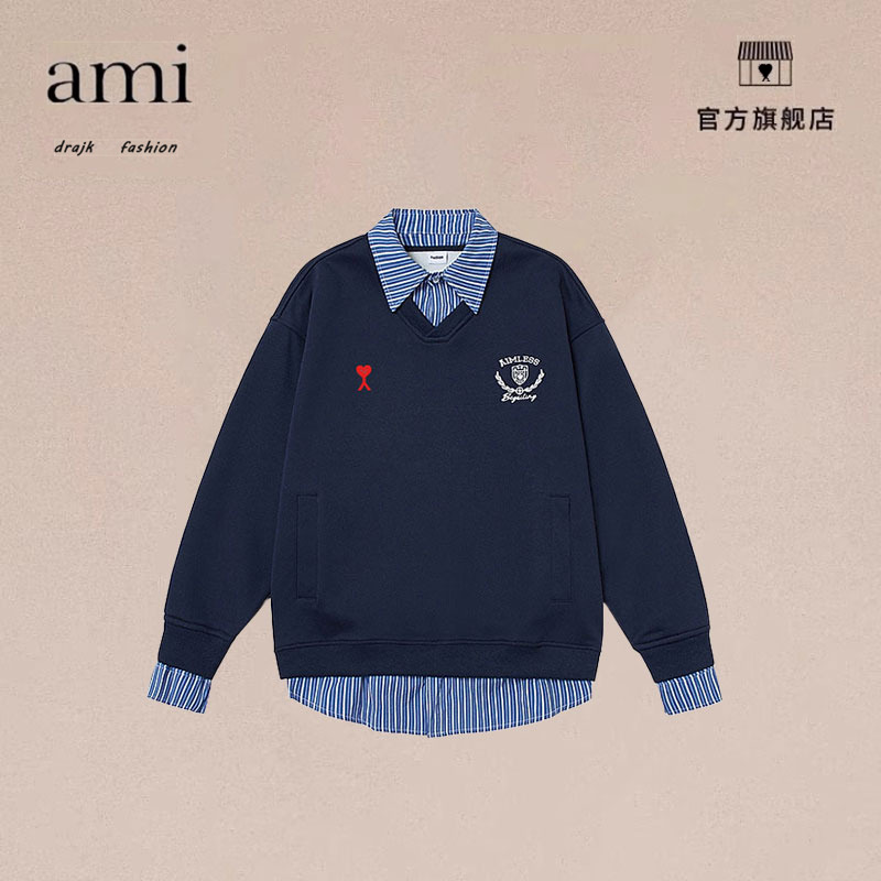 正品AMI DRAJK拼接假两件翻领卫衣男美式学院风衬衫领长袖POLO衫