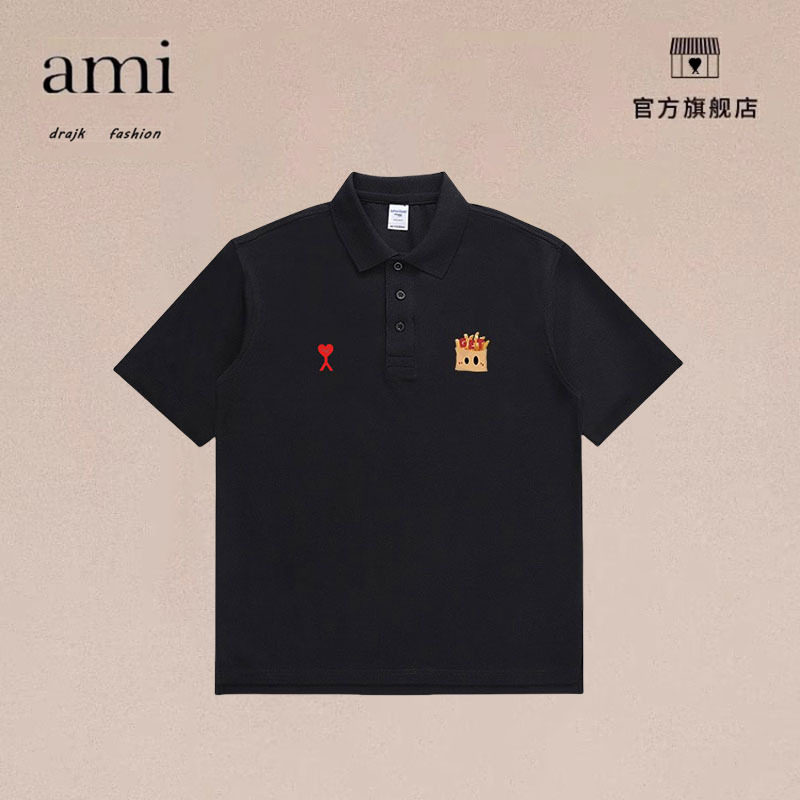 正品AMI DRAJK薯条印花高级珠地纹短袖休闲户外百搭上衣POLO衫夏