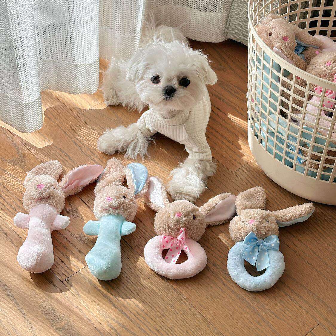 可爱小兔子幼犬玩具发声摇铃安抚陪伴响铃互动逗狗玩偶小型犬自嗨