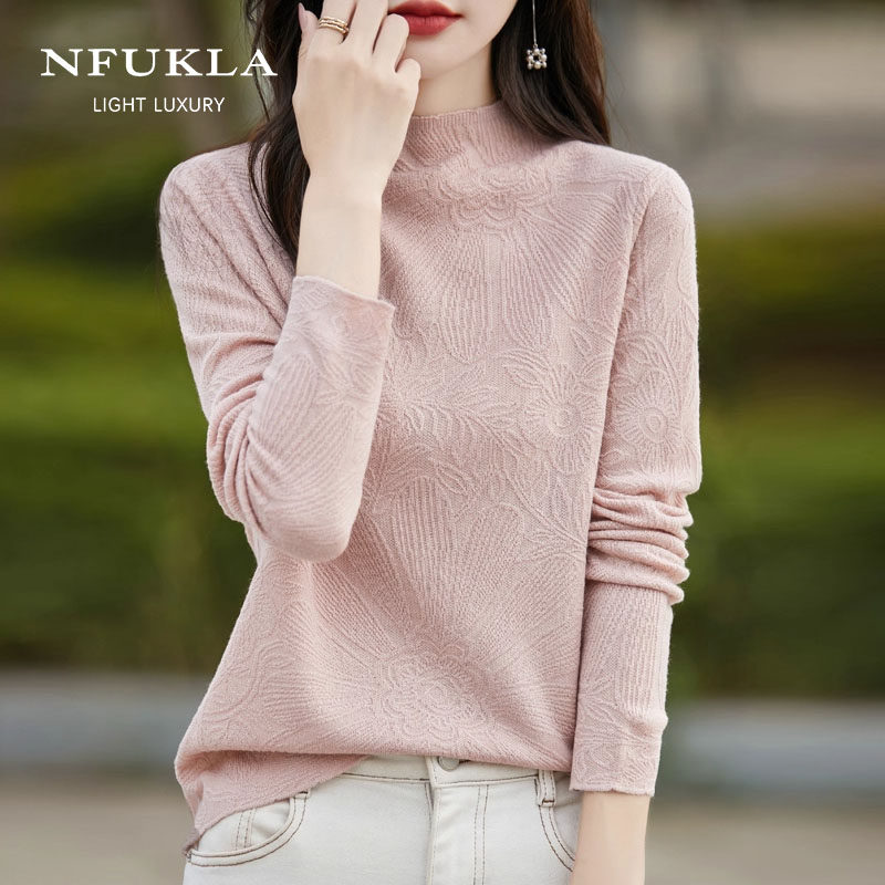 半高领打底衫女2025新款春秋雕花内搭针织上衣加大码女装秋冬毛衣