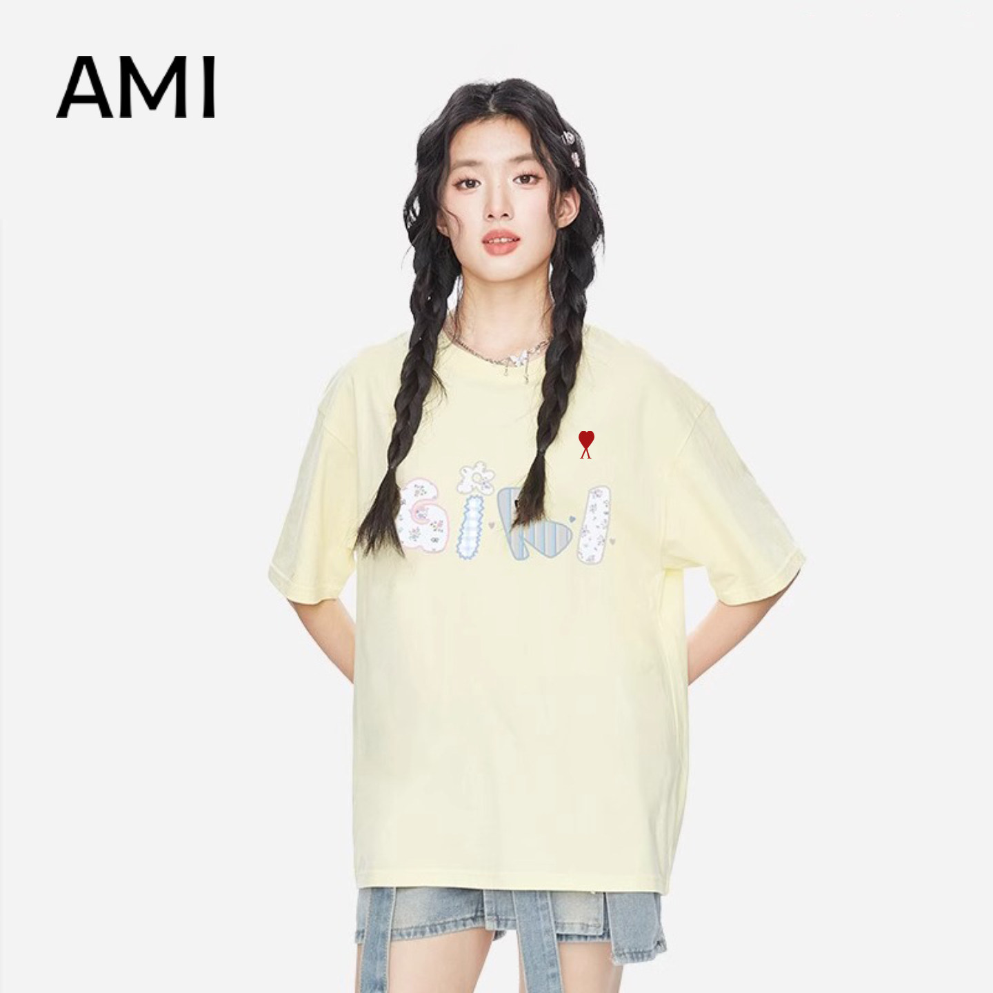 AMI美式复古黄色字母印花短袖T恤女夏季新款宽松百搭情侣装上衣