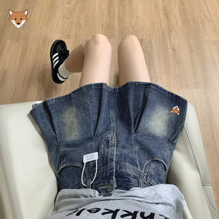 英国AprilFox小狐狸浅色百褶牛仔短裙女夏季高腰显瘦a字半身裙