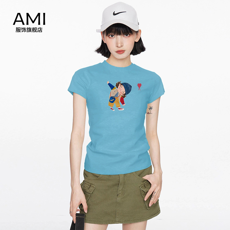 AMI美式蓝色印花正肩短袖t恤女2025夏季新款正品紧身修身显瘦上衣