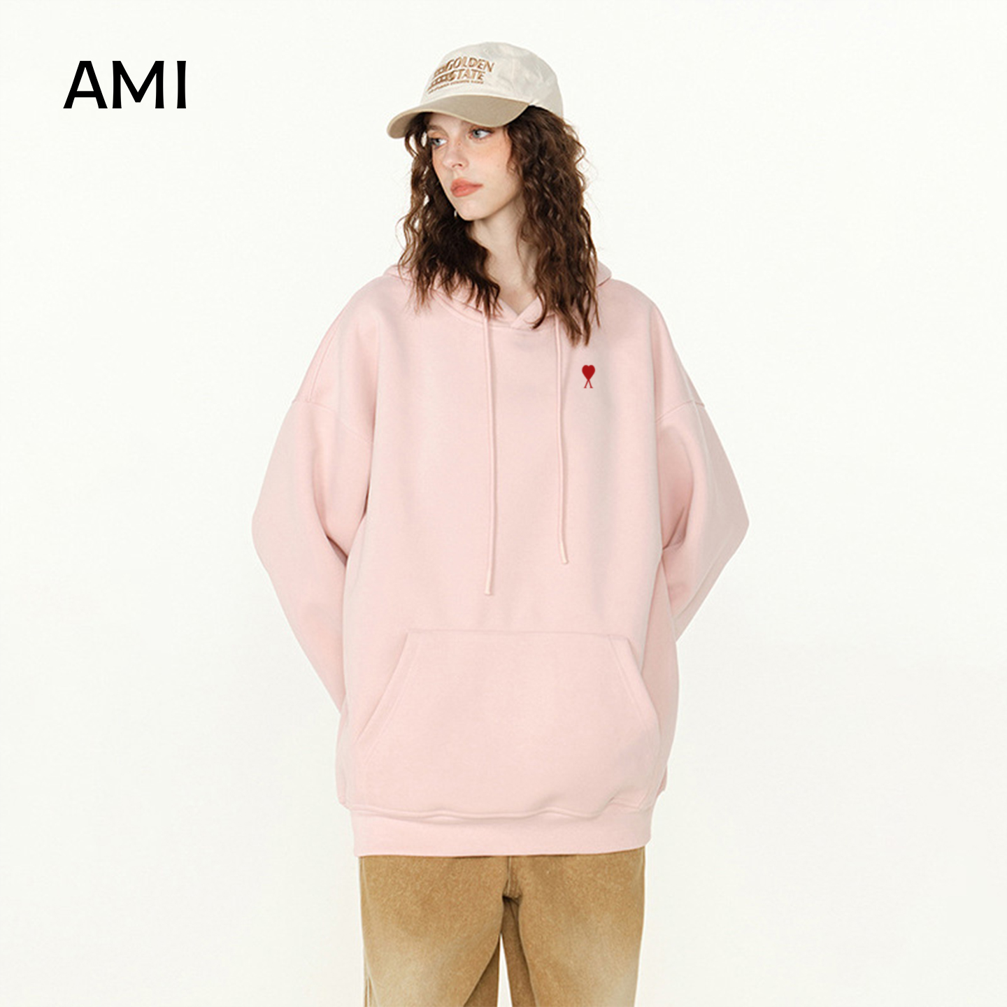 AMI美式浅粉色春秋新款重磅连帽卫衣男女情侣套头衫宽松休闲上衣