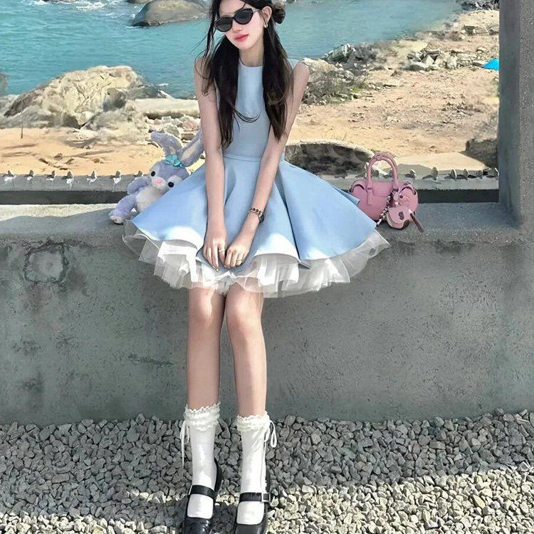 法式蓝色公主裙收腰显瘦高级感