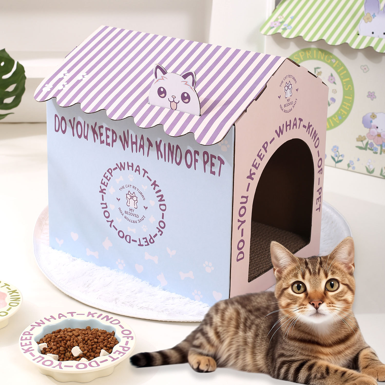 宠物猫咪纸箱屋猫抓板一体创意图片