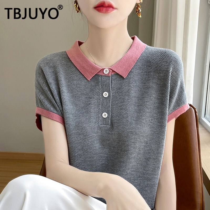 TBJUYO短袖T恤女2025夏季新款舒适轻奢娃娃领冰丝针织轻薄小衫