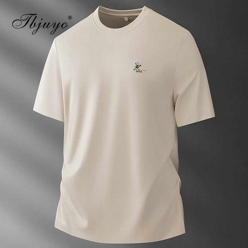 轻奢冰丝短袖T恤男夏季薄款蜜蜂刺绣休闲上衣弹力修身圆领POLO衫