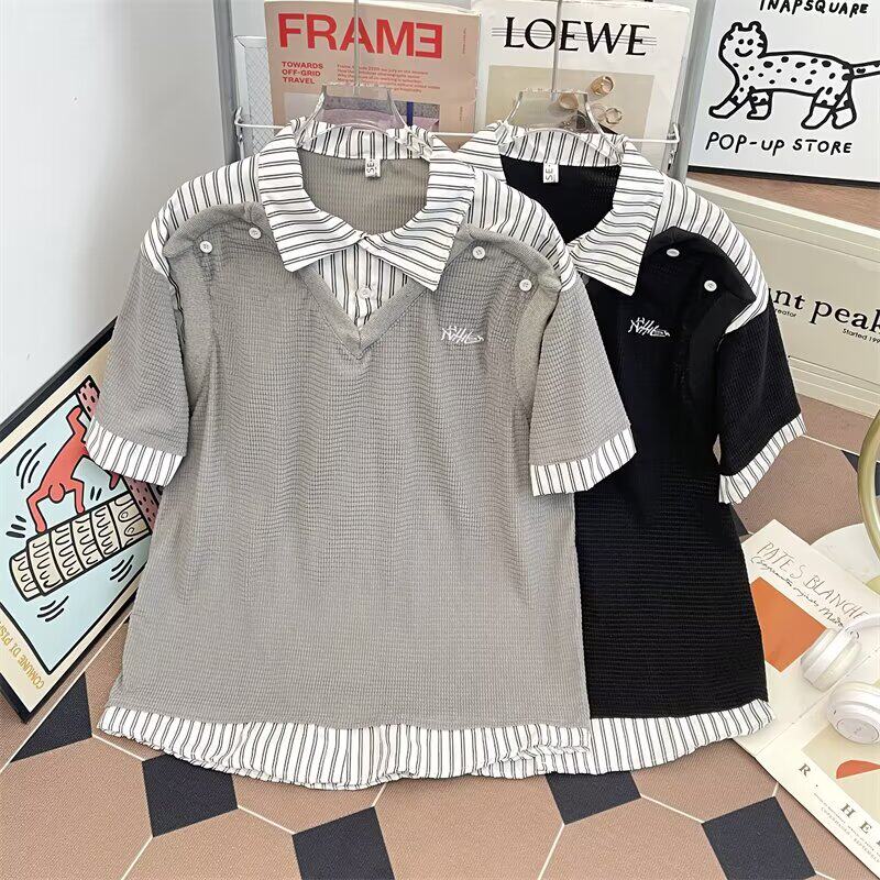 假两件polo衫条纹拼接衬衫短袖t恤男款夏季半袖上衣高级体恤休闲