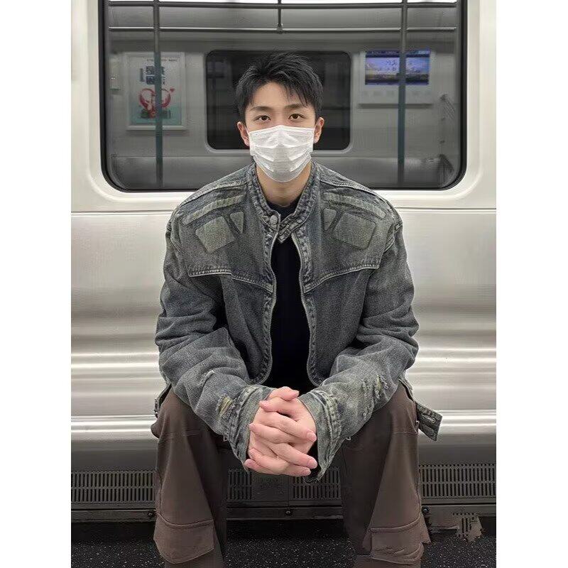 2025春季新品男士水洗做旧薄款休闲中性风橡筋下摆复古牛仔外套潮