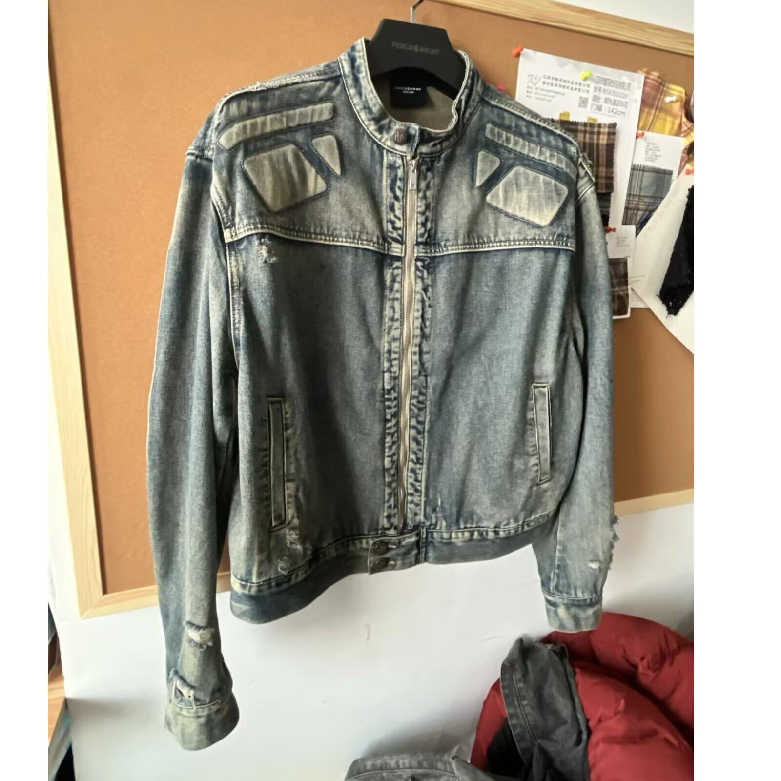 美式复古vintage牛仔外套嘻哈高街个性破洞宽松潮牌短装夹克上衣
