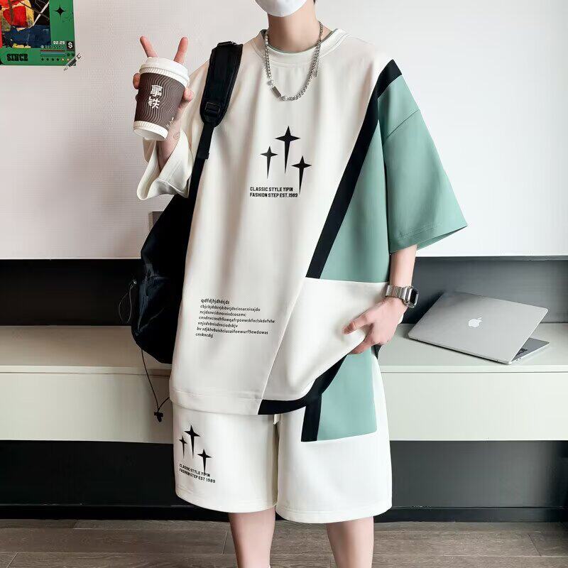 短袖短裤套装男夏季冰丝凉感t恤男一套搭配帅气青少年休闲运动服T