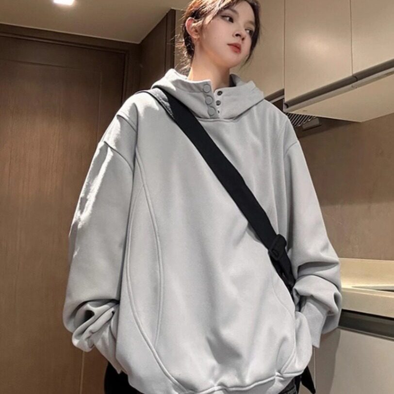 高领纽扣重磅灰色卫衣男春秋款连帽外套2024新款青少年潮牌上衣