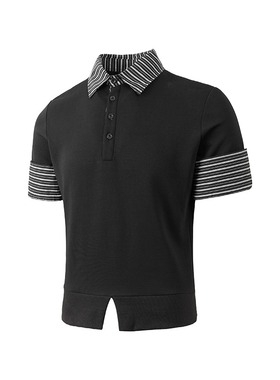 W172高质量假两件衬衫短袖 P39 M到3XL 黑色 自家图