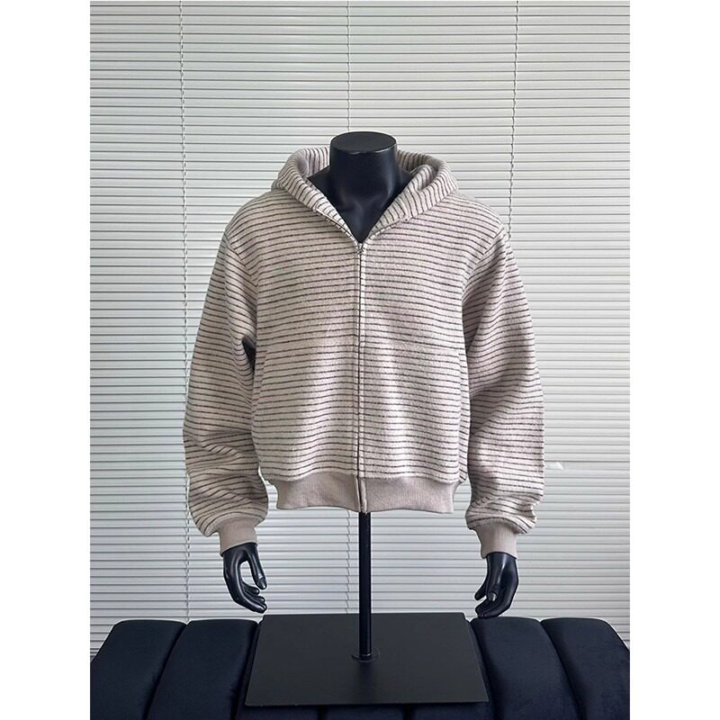 美式复古条纹连帽卫衣男款秋季高级感慵懒风开衫cleanfit情侣外套