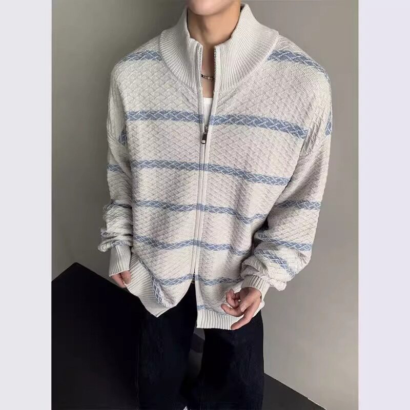 老钱风菱格开衫针织衫男秋季撞色条纹立领毛衣外套高级感潮牌外套