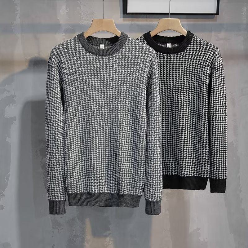 2022秋冬季新款圆领加厚套头针织衫男百搭格子毛衣修身打底长袖潮