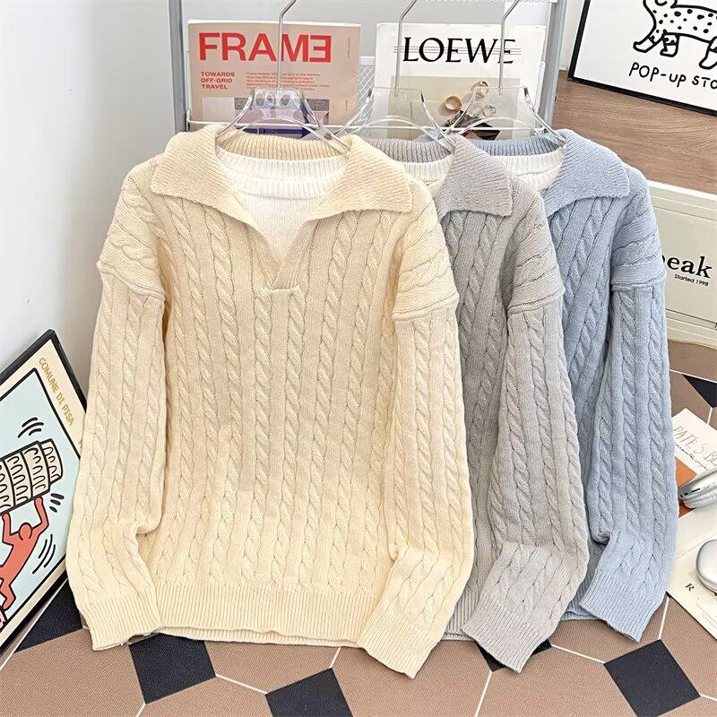 韩国chic秋冬复古洋气POLO领麻花纹宽松休闲长袖套头针织衫毛衣女